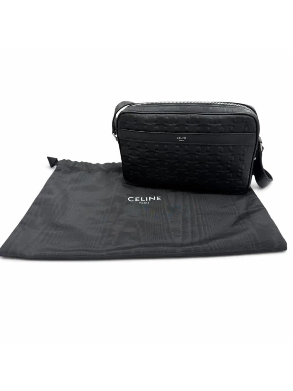 Celine Leather Triomphe Medium Messenger Shoulder Bag Black Silver